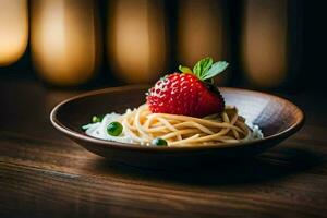 a bowl of spaghetti with a strawberry on top. AI-Generated photo