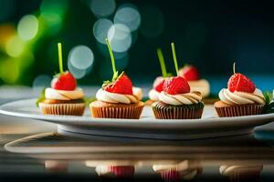 pequeño magdalenas con fresas en un lámina. generado por ai foto