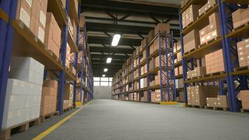 Empty warehouse filled with cardboard boxes stockpiled on shelves, ready to be shipped to customers worldwide. Fulfillment center rows full of merchandise parcels, 3D animation video
