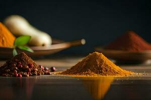 spices and spices on a wooden table. AI-Generated photo