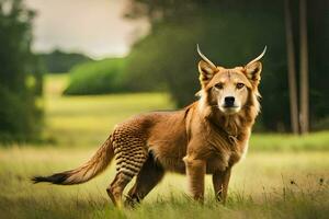 un marrón perro con largo cuernos en pie en un campo. generado por ai foto