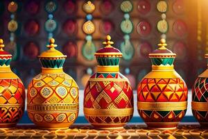 a row of colorful vases with decorative designs. AI-Generated photo