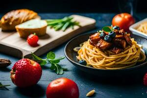 spaghetti with meat, tomatoes, and fresh fruit on a dark table. AI-Generated photo