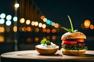 a burger and a bowl of yogurt on a wooden table. AI-Generated photo