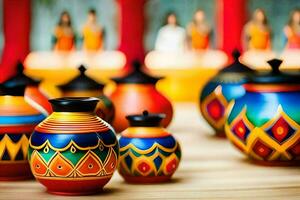 colorful vases are lined up on a table. AI-Generated photo