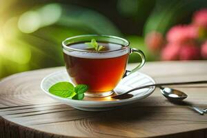 a cup of tea with mint leaves on a wooden table. AI-Generated photo