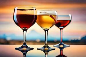 three glasses of wine with a sunset in the background. AI-Generated photo