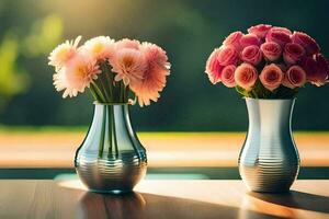 two vases with pink flowers on a table. AI-Generated photo