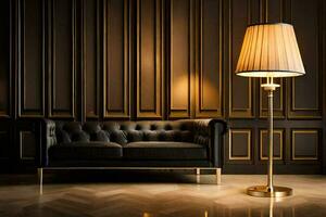 a black leather couch and lamp in a room. AI-Generated photo