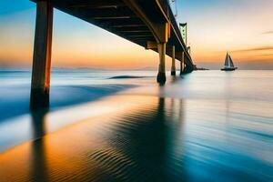 un velero es navegación debajo un puente a puesta de sol. generado por ai foto