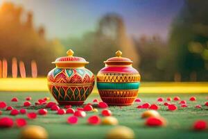 two colorful pots sitting on the grass with red petals. AI-Generated photo