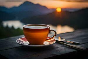 café taza en el mesa con un ver de el puesta de sol. generado por ai foto