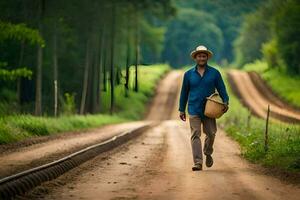 un hombre en un sombrero camina abajo un suciedad la carretera. generado por ai foto