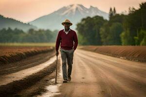 a man walking down a dirt road with a mountain in the background. AI-Generated photo