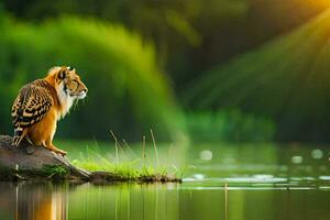 a tiger sitting on a log by the water. AI-Generated photo