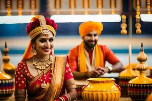 a bride and groom in traditional indian attire. AI-Generated photo