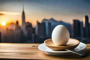 egg on a plate with cityscape in the background. AI-Generated photo