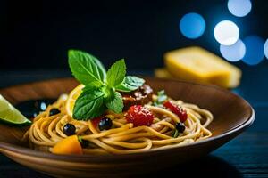 pasta with fruit and cheese on a wooden table. AI-Generated photo