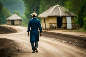 a man in a blue suit walks down a dirt road. AI-Generated photo