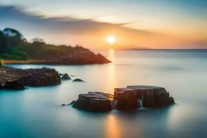 the sun sets over the ocean in this long exposure photo. AI-Generated photo