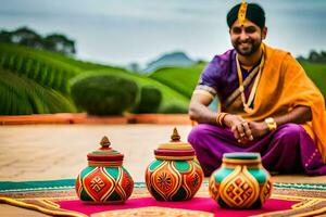 un hombre en tradicional indio atuendo se sienta en el suelo con Tres vistoso ollas. generado por ai foto