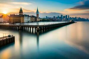 a long exposure photo of a city skyline at sunset. AI-Generated