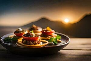 comida en un plato con un puesta de sol en el antecedentes. generado por ai foto