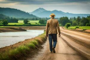 a man in a hat walks down a dirt road. AI-Generated photo