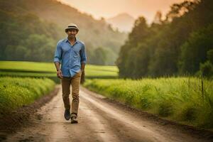 a man walking down a dirt road in the middle of a field. AI-Generated photo
