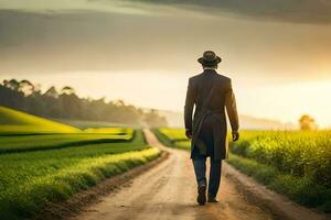 a man in a hat and suit walking down a dirt road. AI-Generated photo