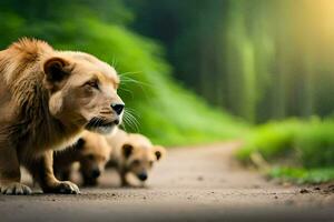 a lion and two cubs walking down a road. AI-Generated photo