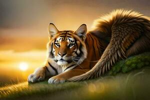 a tiger with wings sitting on the grass. AI-Generated photo