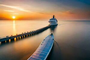 a boat docked at the end of a pier at sunset. AI-Generated photo