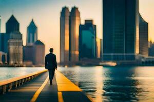 a man in a suit walks along a pier in front of a city. AI-Generated photo