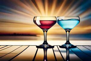 two wine glasses with colored liquid on a table in front of the sunset. AI-Generated photo