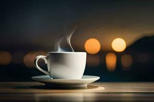 a cup of coffee on a table with a blurred background. AI-Generated photo