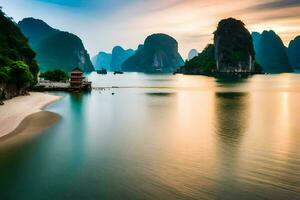 the sunrise over halong bay, vietnam. AI-Generated photo