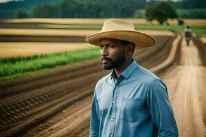 a man in a hat stands in a field. AI-Generated photo