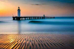 a lighthouse stands on the beach at sunset. AI-Generated photo