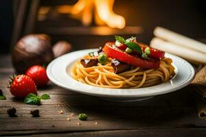 espaguetis con carne y vegetales en un blanco plato siguiente a un fuego. generado por ai foto