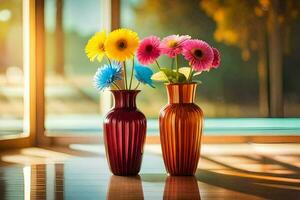 two colorful vases with flowers sitting on a table. AI-Generated photo