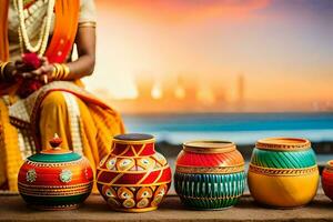 a woman in traditional indian dress sits next to colorful pots. AI-Generated photo