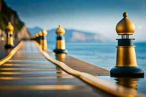 golden lamps on a pier near the sea. AI-Generated photo