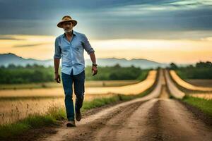 un hombre en un sombrero camina abajo un suciedad la carretera. generado por ai foto