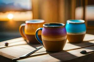 three colorful coffee mugs on a wooden table. AI-Generated photo