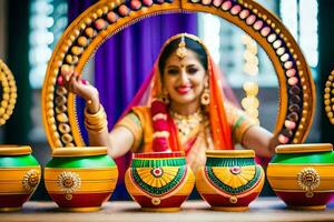 a woman in traditional indian dress is holding a pot. AI-Generated photo