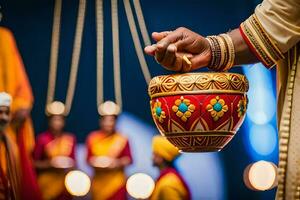 a man holding a pot with a string around it. AI-Generated photo