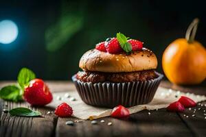 a cupcake with strawberries and mint on a wooden table. AI-Generated photo