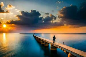 a man stands on a pier looking out at the ocean at sunset. AI-Generated photo