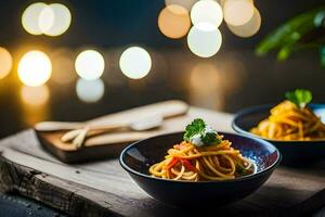 two bowls of pasta on a wooden table with lights. AI-Generated photo